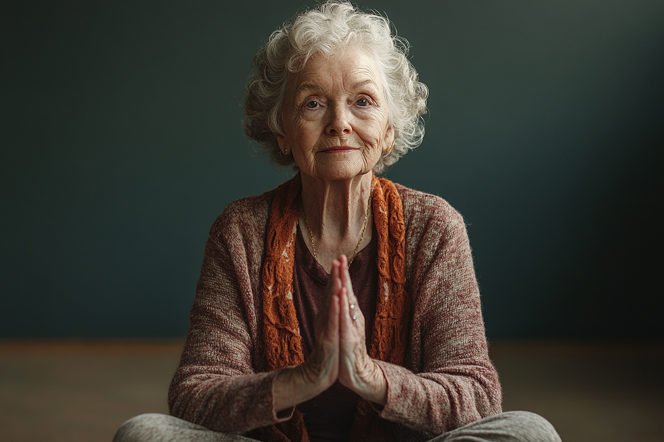 Възрастна жена практикува йога с внучката си в спокойна обстановка